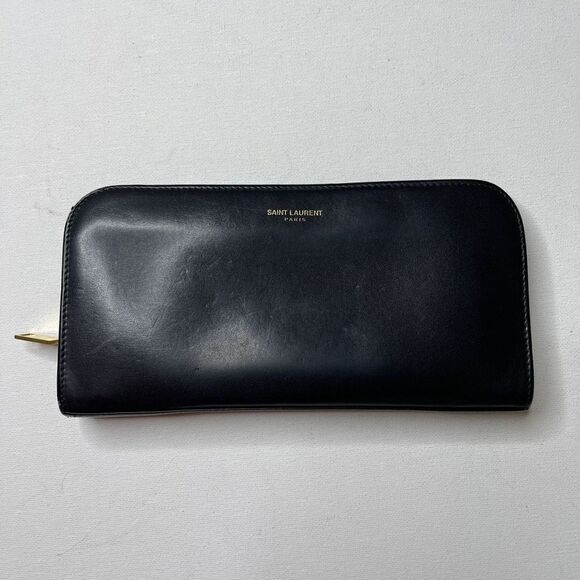 Saint Laurent Tiny Monogram East/West Smooth Leather Zip Wallet Gold Logo - Picture 1 of 16